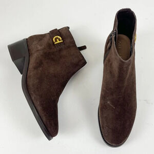 NEW Cole Haan Hollis Logo Buckle Booties Brown Suede Shoe Womens Size 6 B